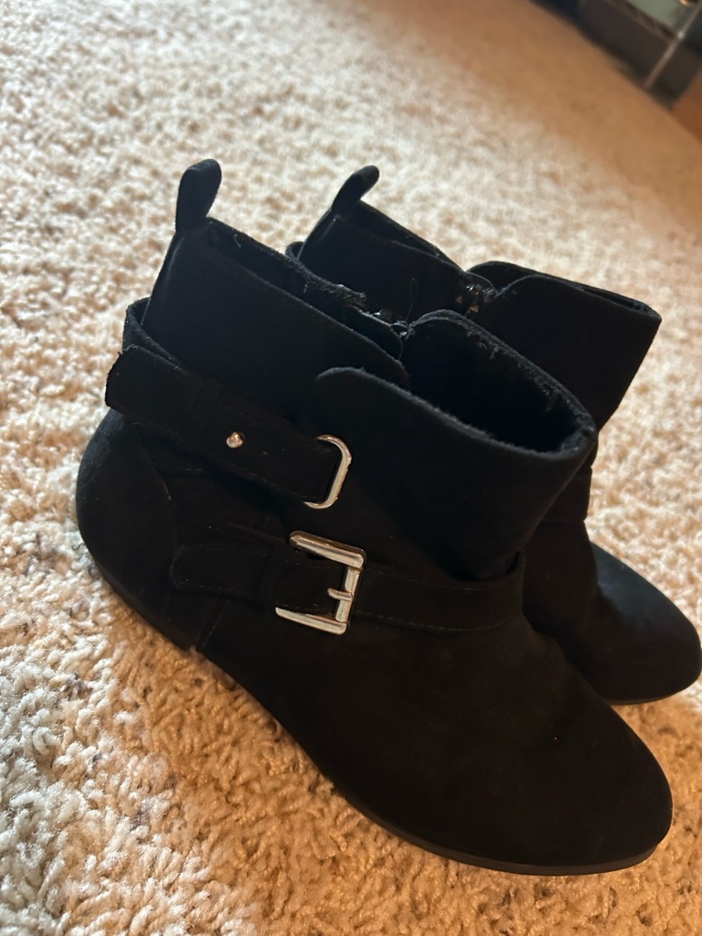 Black Suede-Look Ankle Booties with Dual Buckles